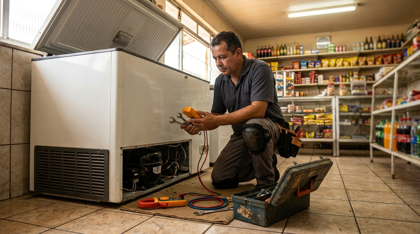 Técnico realizando manutenção de motor de freezer em Florianópolis‑SC