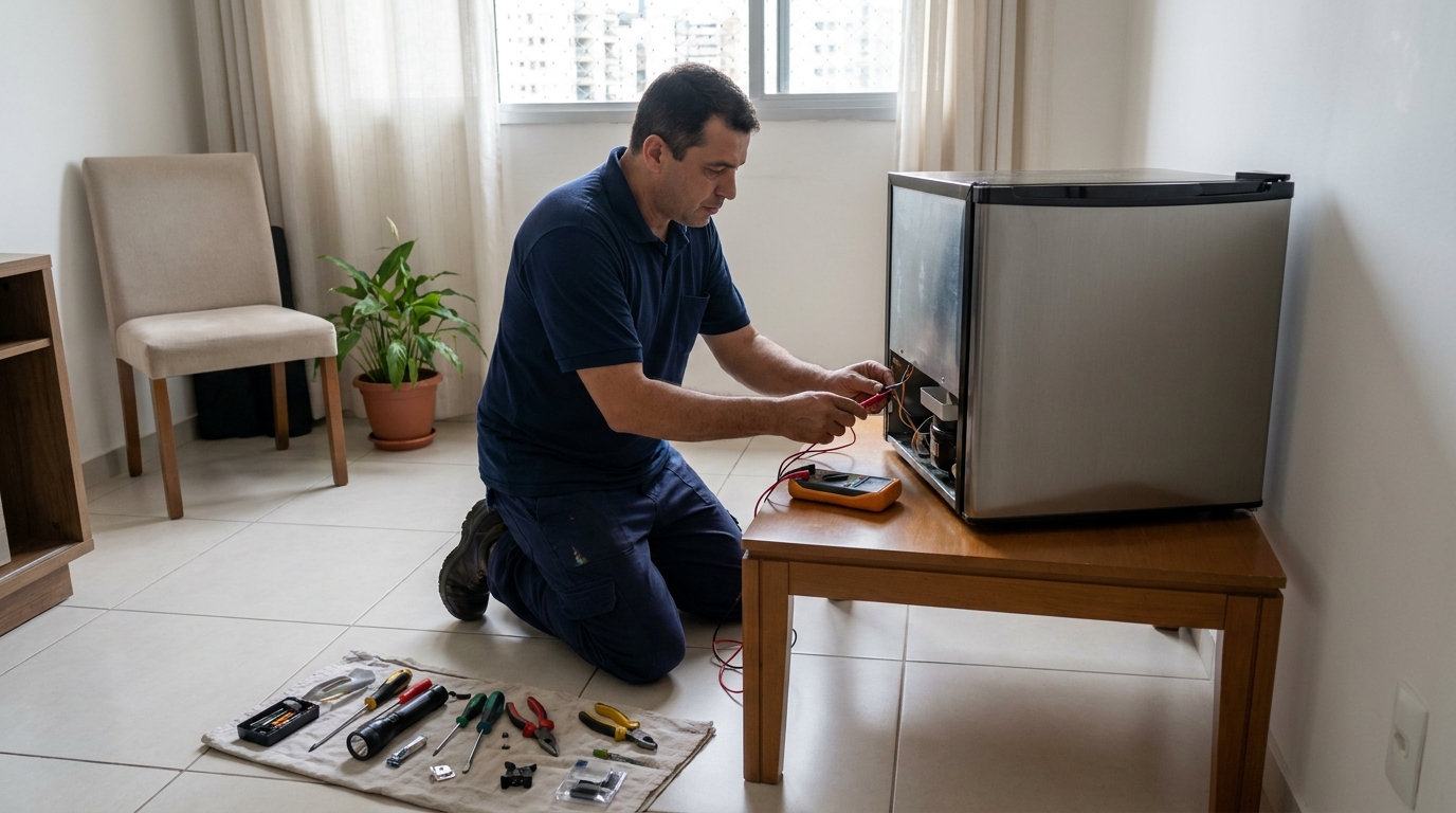 Técnico realizando manutenção de motor de frigobar em Florianópolis‑SC