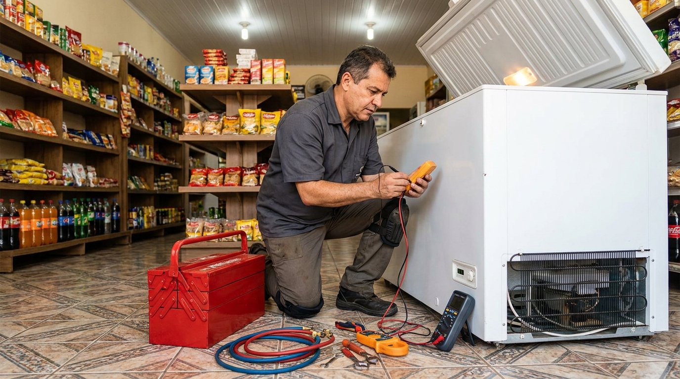 Recarga de gás refrigerante em freezer em atendimento em Florianópolis‑SC