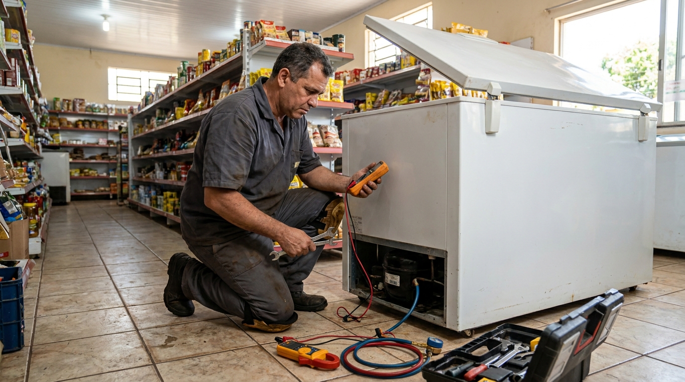 Troca de termostato de freezer em atendimento técnico em Florianópolis‑SC